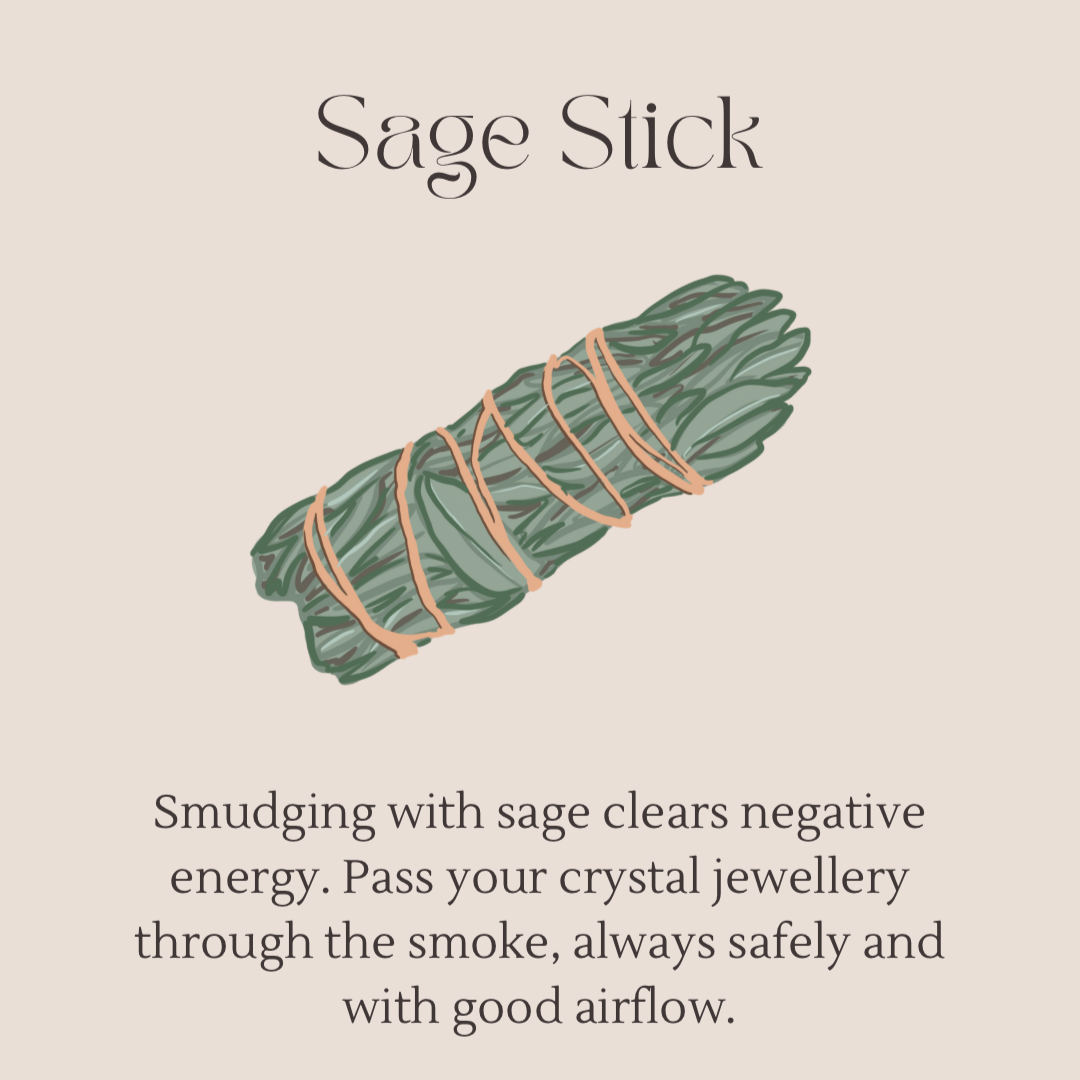Sage stick with text explaining its use for clearing negative energy on a beige background