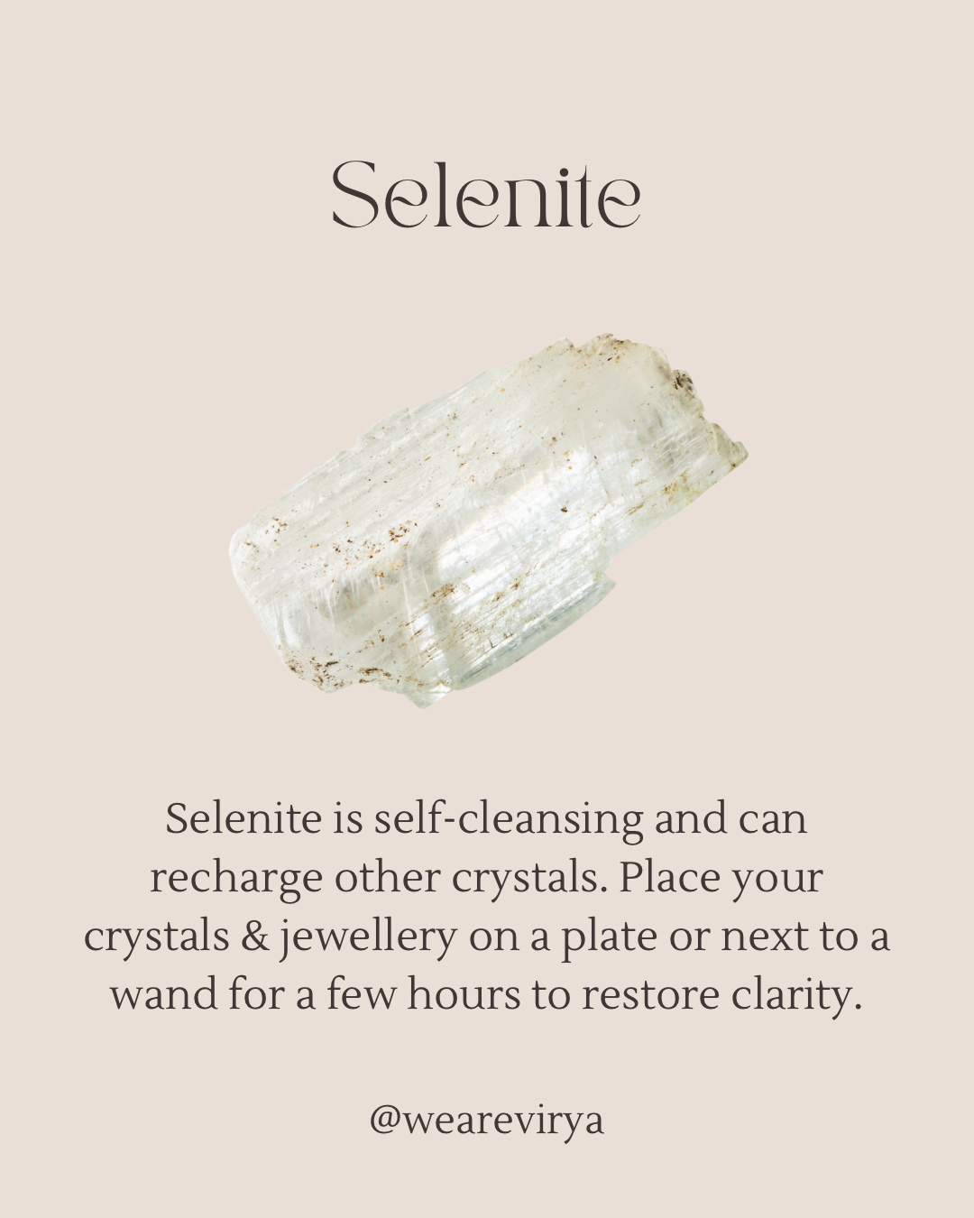 Selenite crystal on a beige background with text about its properties.