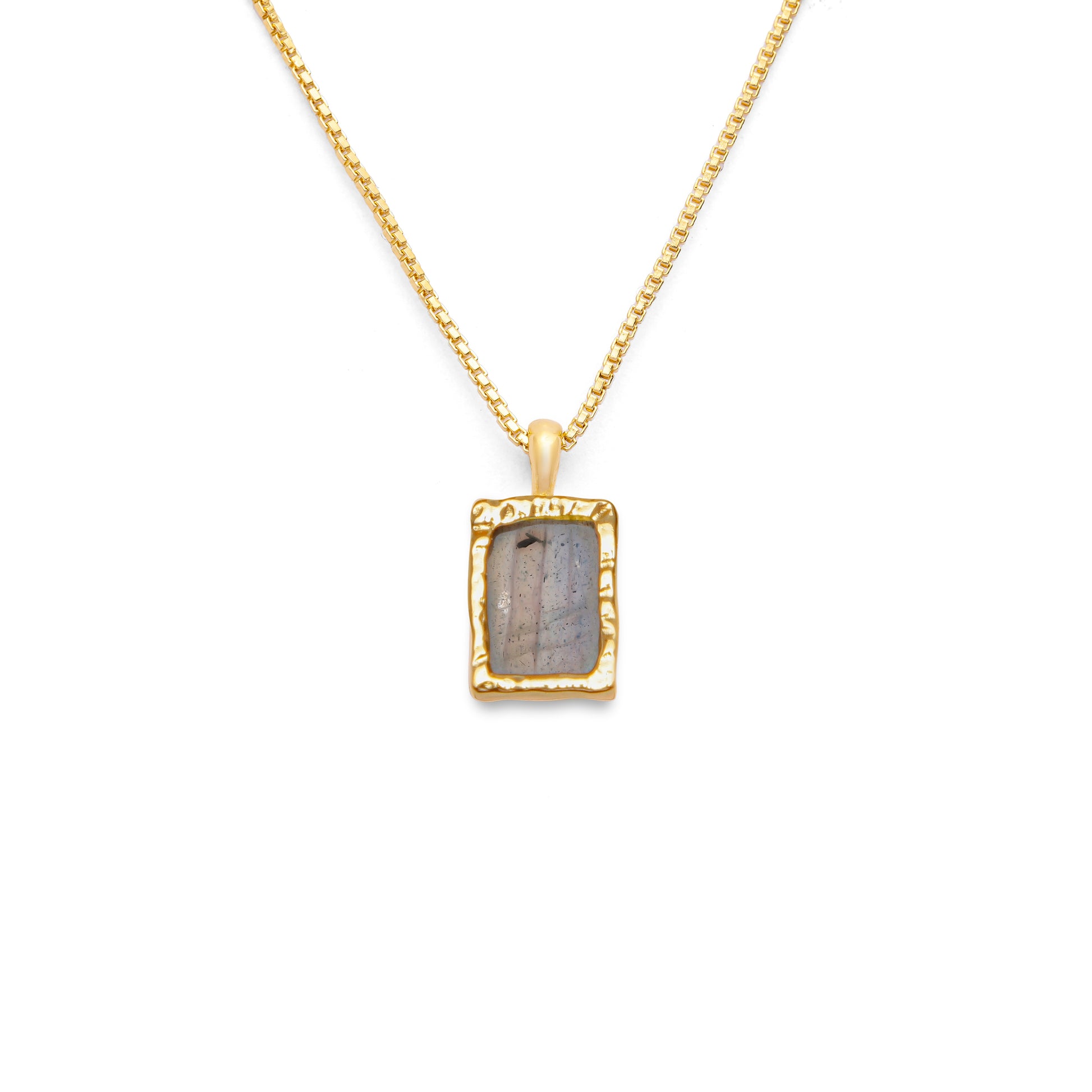 Rectangle flat labradorite pendant on an 18k gold box chain on a white background