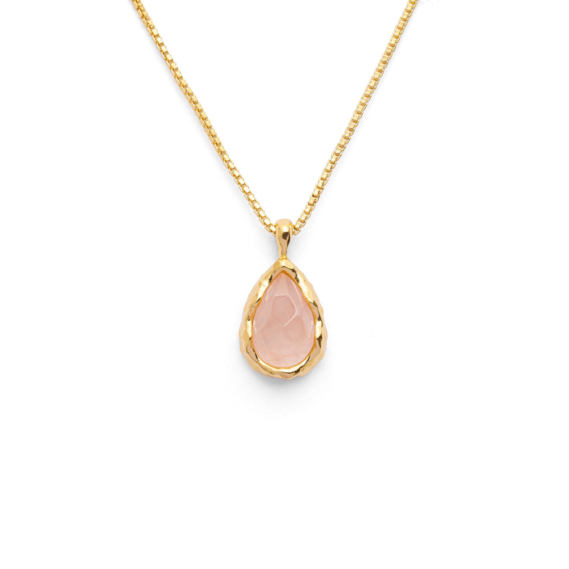 Teardrop shape pink rose quartz pendant with irregular faceting on a 18k gold vermeil box chain on a white background