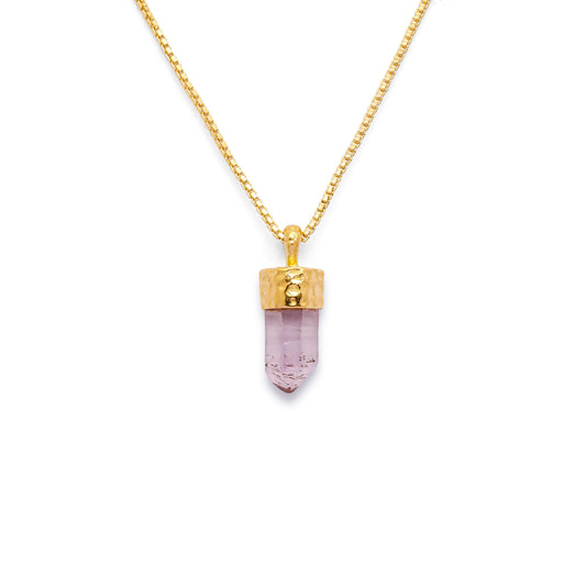Purple Amethyst point pendant on a 18k gold vermeil box chain on a white background