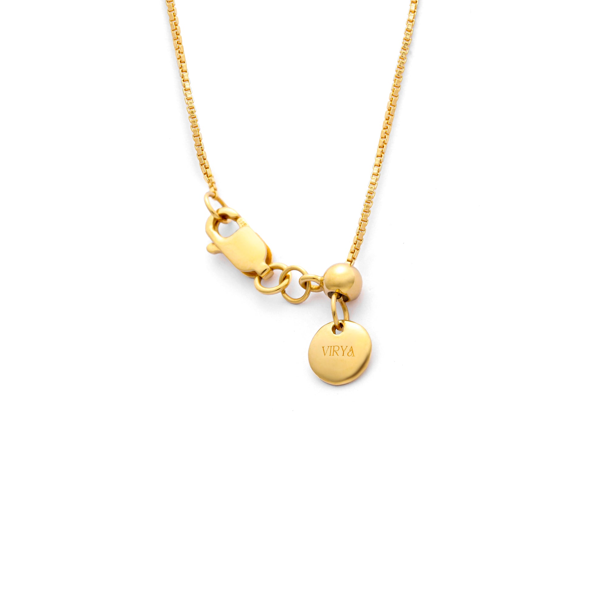 18k gold vermeil necklace clasp with a slider bead to adjust chain size with a round Virya logo tag